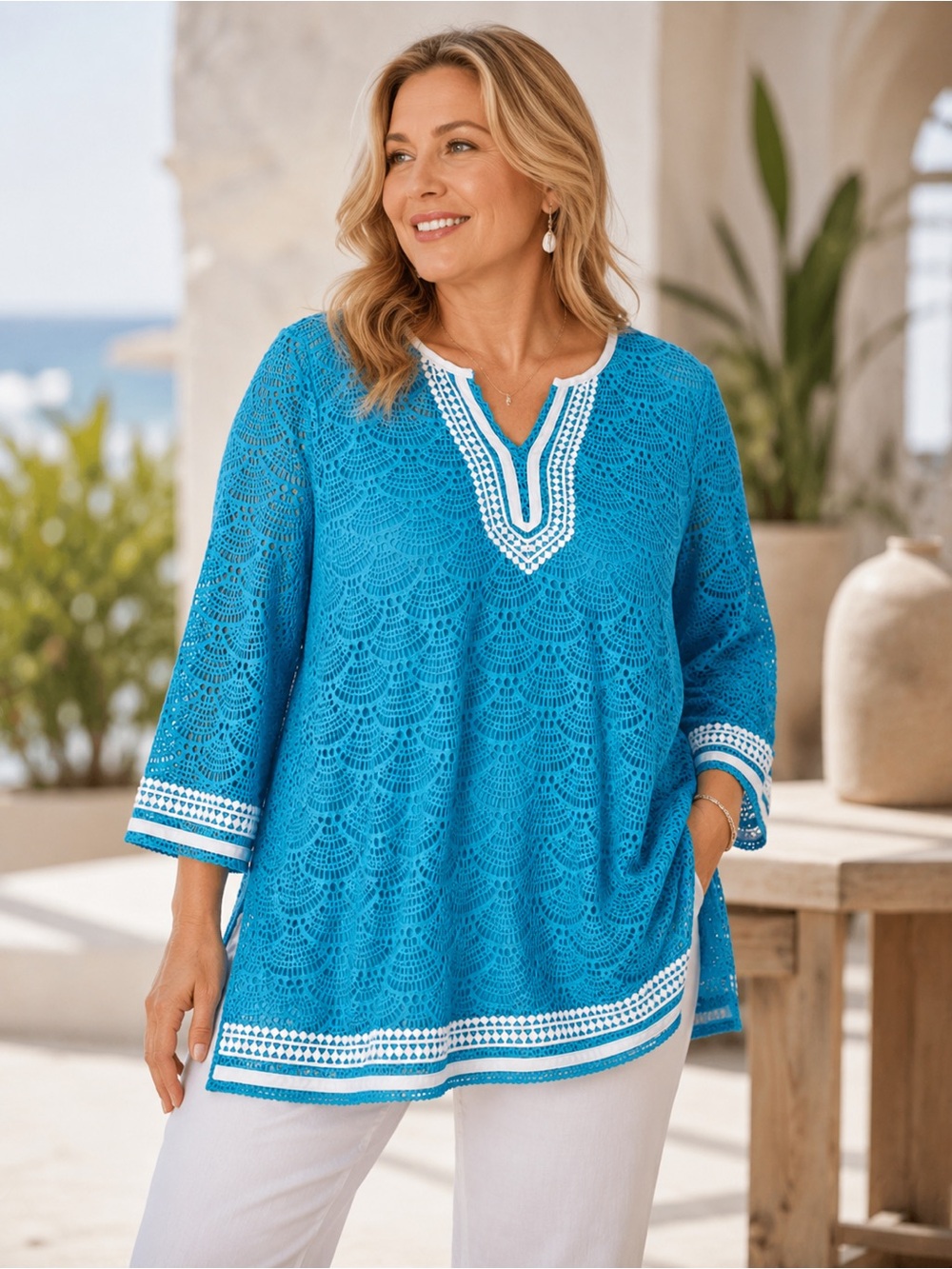 Alfred Dunner Turquoise Crochet Lace Tunic Top XL Coastal Resort Vacation Boho